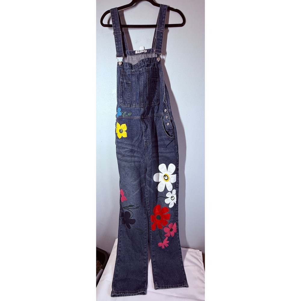 Misslook Womens Denim Overalls 3XL Painted Floral Wide Leg Boho Artsy Retro - Picture 2 of 15